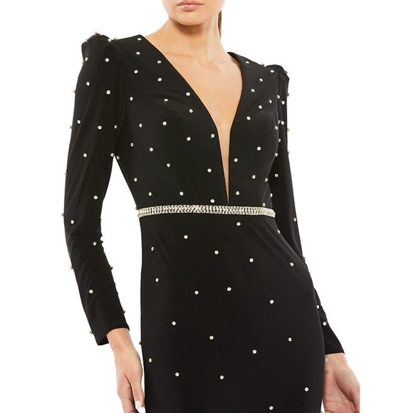 Mac Duggal Ieena Black Belted Embellished Plunge Long Sleeve Column Gown 8 - Picture 3 of 5